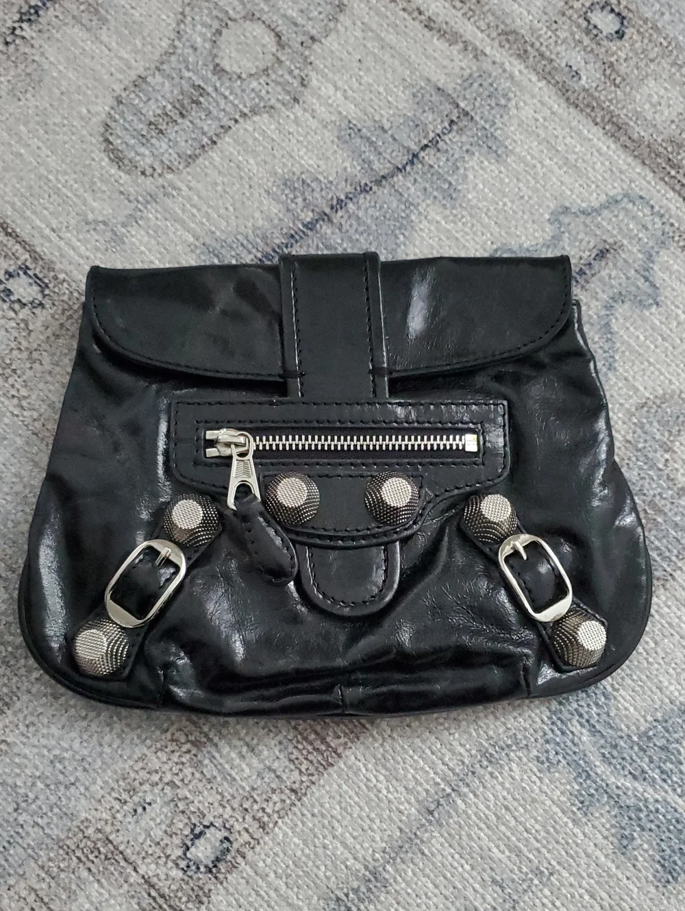 Balenciaga Shiny Black Leather and Silver Pouch Flap Clutch Bag With Mirror